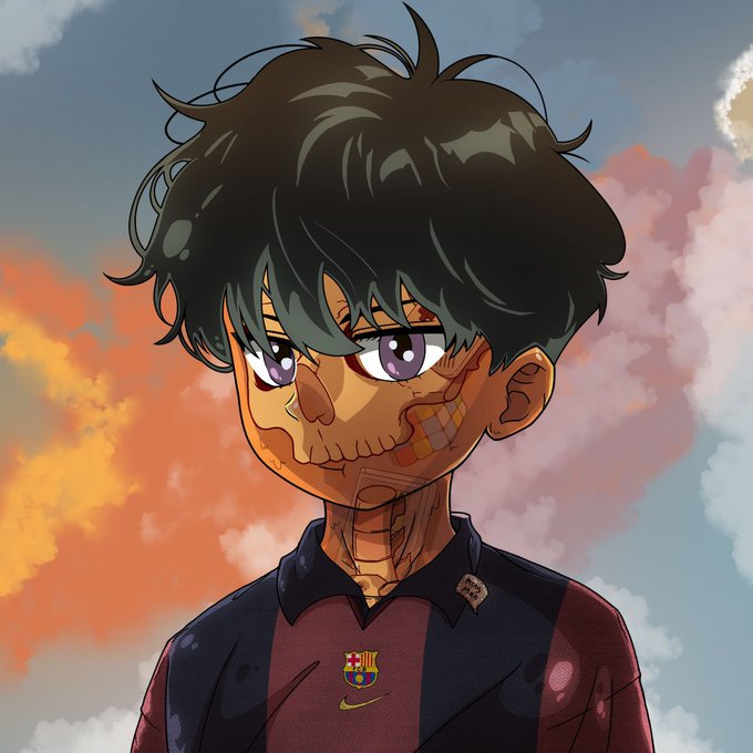 An anime-style portrait of a young boy with dark messy hair, purple eyes, and bandaged skin wearing a Barcelona FC jersey (featuring the Nike logo and club crest) against a cloudy sunset sky—serving as a custom 1/1 NFT artwork gifted to @KinsmanNFT.