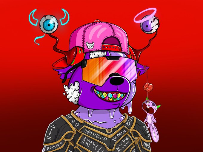 A vibrant digital illustration of a purple, anthropomorphic bear wearing a pink cap backwards, colorful ski goggles, and gold-patterned armor, against a red background.