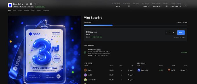 The image shows an OpenSea NFT collection page for "Base3rd," featuring a blue, 3rd birthday-themed digital collectible with the text "HAPPY 3RD BIRTHDAY" and "BASE" branding, priced at 0.05 ETH with only 1 day remaining to mint, alongside stats showing 16,034 items, 38.0K owners, and a total volume of $4.6M.