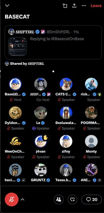 A screenshot of a BASECAT Twitter/X Space hosted by 'SHIFTIRL' featuring multiple speaker avatars including Base, SHIFT, CATS, rick, Dyldon, and others.