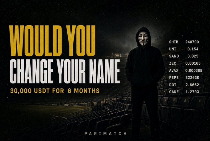 Parimatch advertisement with text 'WOULD YOU CHANGE YOUR NAME 30,000 USDT FOR 6 MONTHS' featuring a hooded figure in a Guy Fawkes mask standing in an empty stadium, alongside cryptocurrency prices including SHIB 240790, UNI 0.154, SAND 3.025, ZEC 0.00165, AVAX 0.000385, PEPE 322630, DOT 2.6662, and CAKE 1.2793.