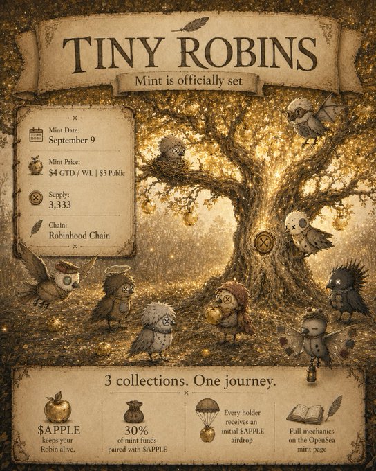Promotional artwork for 'TINY ROBINS' NFT collection with mint date September 9, price $4 GTD/WL, $5 Public, supply 3,333, on Robinhood Chain, featuring illustrated robins around a golden tree.