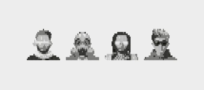 Four pixelated, black-and-white portrait silhouettes are lined up side by side on a gray background, likely representing the avatars or participants tied to the upcoming "decoding" event referenced in the post.