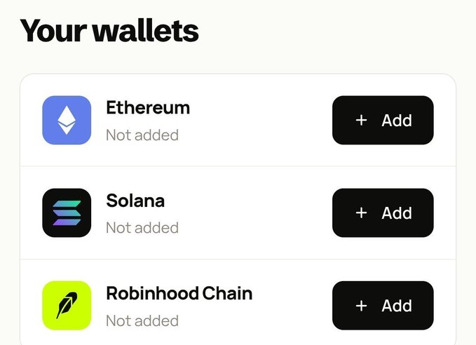 A user interface shows a 'Your wallets' section listing 'Ethereum,' 'Solana,' and 'Robinhood Chain,' all marked as 'Not added' with black '+ Add' buttons.