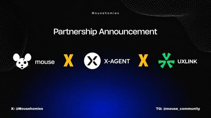 The image features a promotional poster for a gaming company called MouseHomies. The poster has a dark blue background with white text that reads "Partnership Announcement" at the top, followed by four logos representing different companies within the gaming industry. These logos include a mouse and mousepad, an X-Agent logo, and a green mousepad. The image also includes a caption below the logos stating "Focus on what is in the image and how it relates to the post".