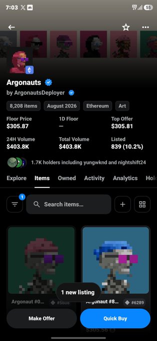 A screenshot of an OpenSea NFT collection page for 'Argonauts' on Ethereum showing a floor price of $305.87 and various Argonaut pixel-art items.