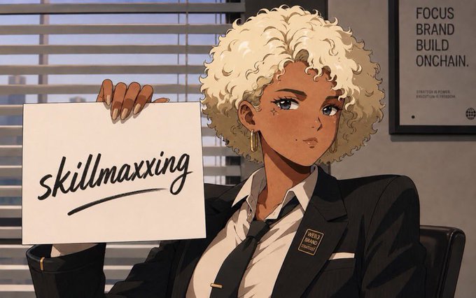 An anime-style illustration of a woman with blonde curly hair in a business suit holding a sign that reads 'skillmaxxing', with a wall poster behind her stating 'FOCUS BRAND BUILD ONCHAIN. STRATEGY & POWER. KRYPTOLUM V3 REBORN' and a 'WEB3 GIRLS SCHOOL' badge on her jacket.