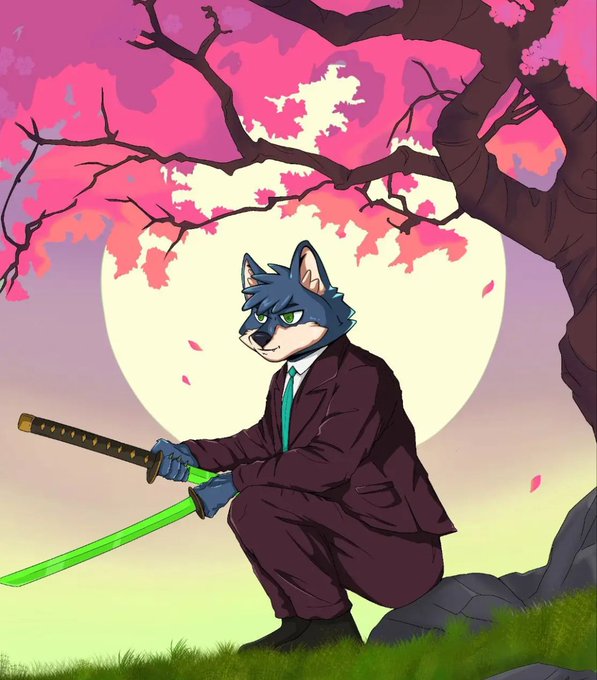 The image features a blue wolf dressed as a businessman holding a sword while sitting under a tree with pink flowers. The wolf appears to be posing for a photo, giving off an impression of professionalism or a formal attire. The background includes a full moon, which adds to the overall atmosphere and complements the scene.