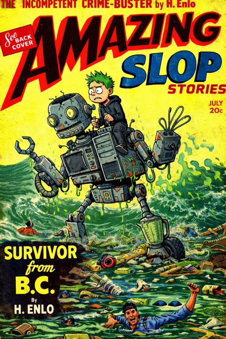 A vintage-style pulp comic book cover titled 'AMAZING SLOP STORIES' (July, 20¢) featuring 'THE INCOMPETENT CRIME-BUSTER by H. ENLO' and 'SURVIVOR from B.C. By H. ENLO,' depicting a green-haired boy riding a rusty robot amid a polluted ocean filled with trash.