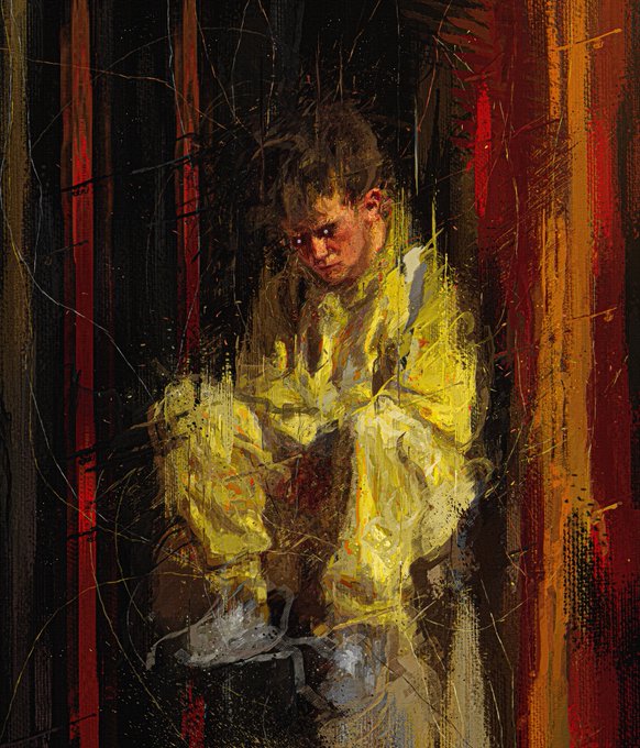 A textured, expressionistic painting of a young boy in a yellow outfit huddled in a dark space with vertical red streaks in the background.