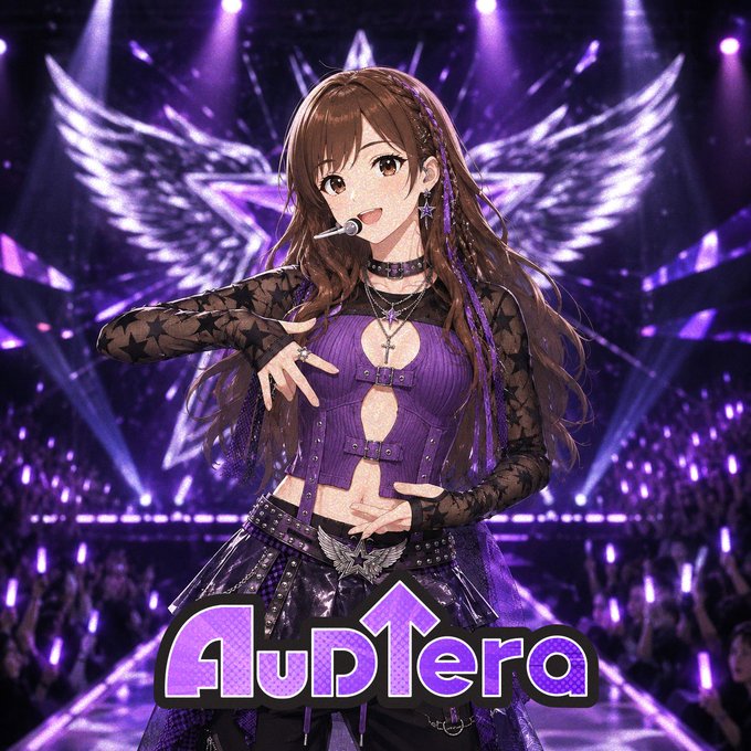 An anime-style VTuber avatar named 'AupTera', depicting a girl with long brown hair in a purple gothic outfit singing on a stage with glowing angel wings in the background.