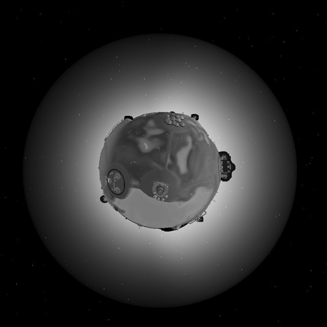 A 3D-rendered gray spherical object resembling a small planet or probe floats against a black starry background.