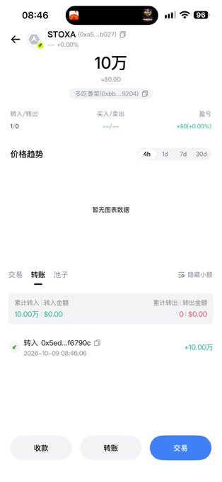 A screenshot of a mobile cryptocurrency or token app showing 'STOXA (0xa5...b027)' with a balance of '10万' and a transfer of '+10.00万' recorded.