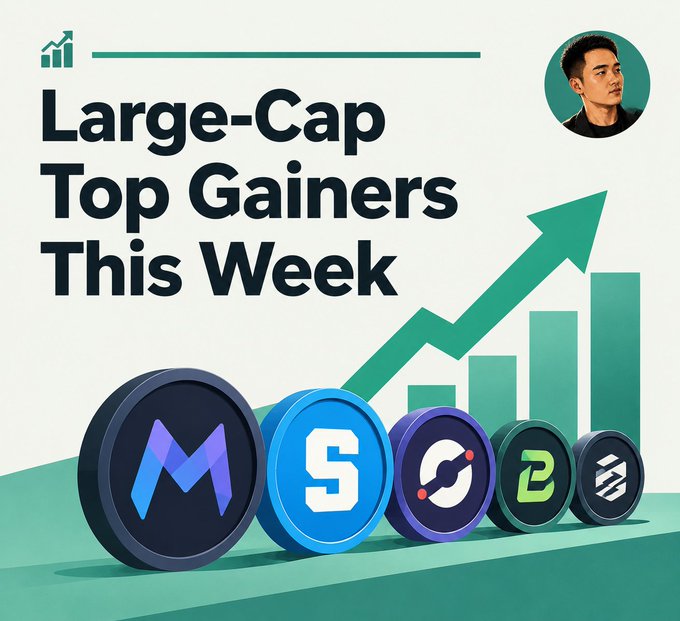A promotional graphic titled 'Large-Cap Top Gainers This Week' featuring an upward-trending green arrow, bar chart, and 3D coin icons for Monero, an 'S' coin, Stellar, Zcash, and a Solana-like coin.