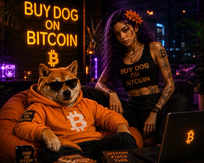 A neon-lit scene featuring a Shiba Inu dog wearing sunglasses and an orange Bitcoin hoodie alongside a tattooed woman in a "BUY DOG ON BITCOIN" crop top, with a glowing "BUY DOG ON BITCOIN" neon sign and Bitcoin symbols in the background.