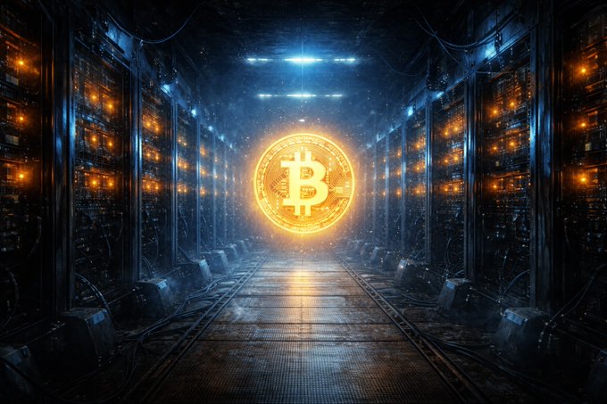 A glowing Bitcoin symbol floats in the center of a dimly lit server room lined with rows of mining hardware, its golden light illuminating the cables and machinery on either side. The image visually reinforces the post's news about a solo Bitcoin miner striking it rich by solving block 957382 and earning the full 3.1382 BTC reward through modest equipment in a vast mining landscape.