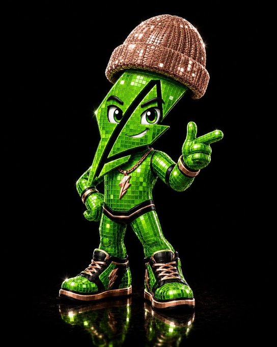 A sparkling green lightning bolt character wearing a sequined beanie and sneakers is depicted, possibly related to the @RobinWifHat collection with a 2,222 supply on the Robinhood chain.