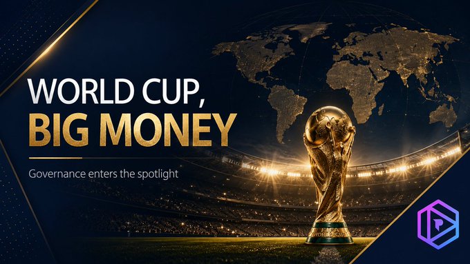 A promotional graphic featuring the FIFA World Cup trophy on a stadium field with a world map background, displaying the text 'WORLD CUP, BIG MONEY' and subtitle 'Governance enters the spotlight' alongside a purple cube logo.