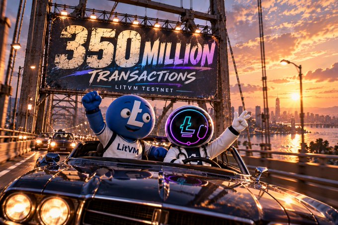 A promotional image showing two cartoonish mascot characters in a convertible car on a bridge at sunset, with a banner behind them announcing "350 MILLION TRANSACTIONS LITVM TESTNET."