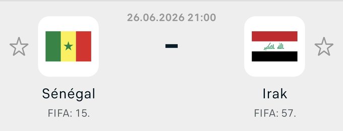The image shows a football match preview between Sénégal (FIFA ranking: 15) and Irak (FIFA ranking: 57) scheduled for 26.06.2026 at 21:00, displayed alongside a post offering $1,000 to 10 people who can predict the exact score. The match details provide the necessary information for participants to make their score predictions before the contest ends in 12 hours.