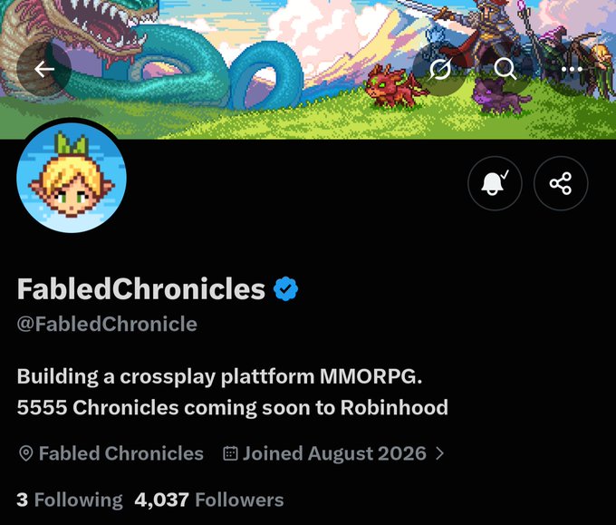 The image displays a Twitter/X profile page for "FabledChronicles" (@FabledChronicle), which has a blue verified checkmark, 4,037 followers, and a bio stating they are "Building a crossplay platform MMORPG. 5555 Chronicles coming soon to Robinhood." The pixel-art banner and avatar reinforce the gaming theme mentioned in the post, which highlights the project as an interesting find involving a "5555 Supply" token potentially tied to gaming on Robinhood.