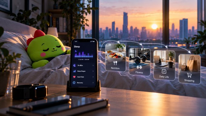 A smartphone displaying a sleep tracking app sits on a nightstand in a bedroom, with floating app cards for Nutrition, Fitness, Daily Life, and Shopping emerging from the screen against a city sunset backdrop.