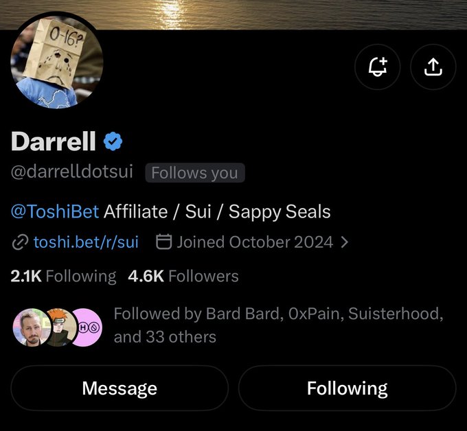 Twitter/X profile page for Darrell (@darrelldotsui), a @ToshiBet Affiliate / Sui / Sappy Seals, joined October 2024, with 2.1K Following and 4.6K Followers.