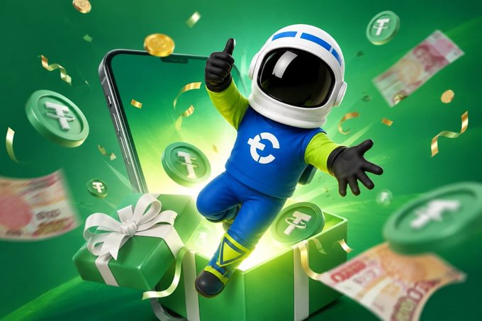 An astronaut in a Tokocrypto-branded suit bursts out of a green gift box on a smartphone screen, surrounded by floating "T" tokens, gold coins, and Indonesian rupiah banknotes, symbolizing the array of rewards and bonuses awaiting new Tokocrypto members as described in the post.