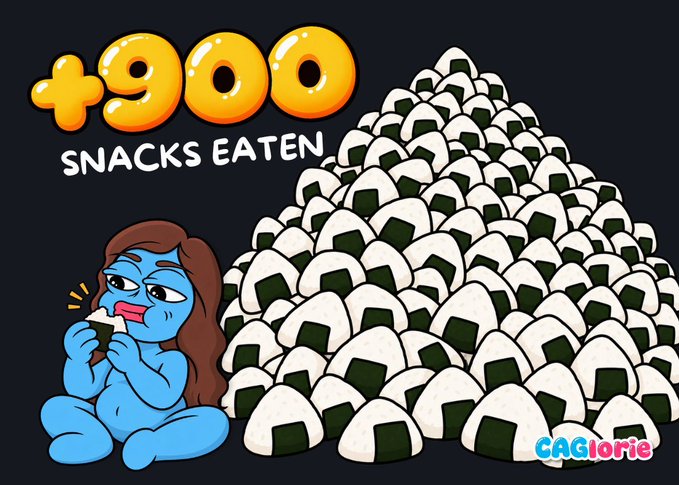A cartoon illustration from CAGlorie showing a blue character eating an onigiri next to a massive pile of onigiri, with the text '+900 SNACKS EATEN'.