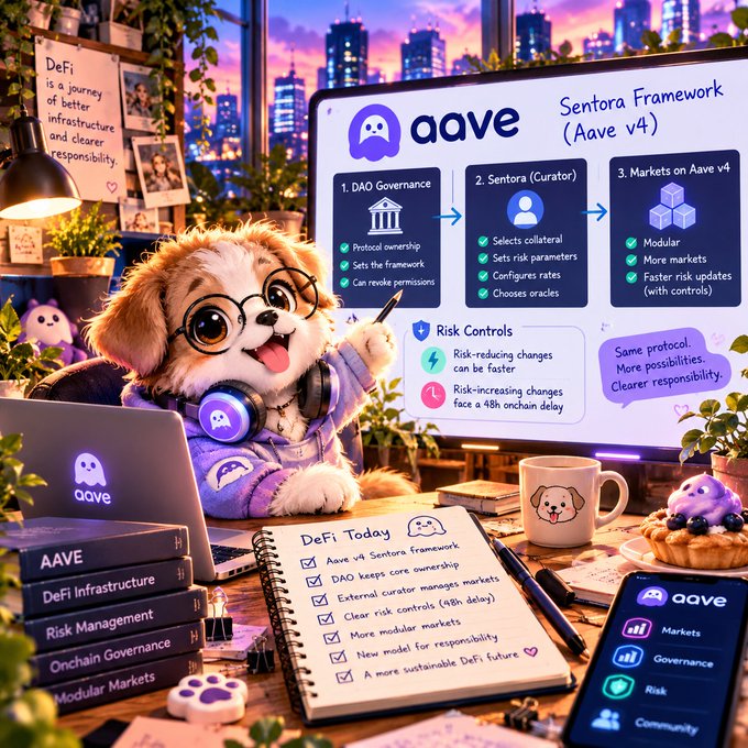 Anime-style illustration of a dog character wearing headphones and glasses presenting a whiteboard explaining the Aave v4 Sentora Framework, covering DAO Governance, Sentora Curator role, and Markets, with a notebook titled 'DeFi Today' listing key points.