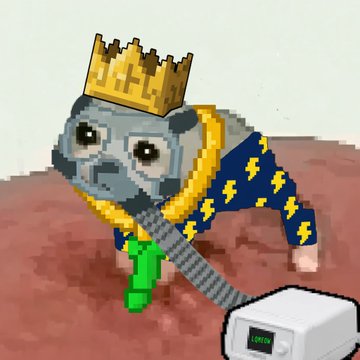 A pixel art illustration of a small grey dog wearing a gold crown, a blue robe with yellow lightning bolts, and a green pendant, holding a chain attached to a white lockbox labeled 'LOCKS'.