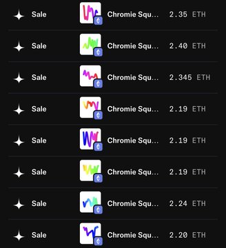 Screenshot of an NFT marketplace listing page displaying multiple 'Chromie Squiggle' sales priced between 2.19 and 2.45 ETH each.