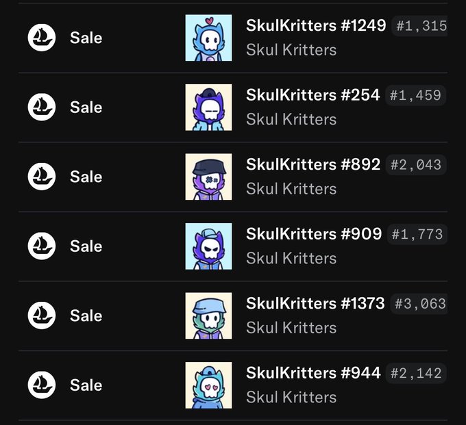 List of recent SkulKritters NFT sales on a dark marketplace interface, showing six transactions ranging from #1,315 to #3,063 in price.