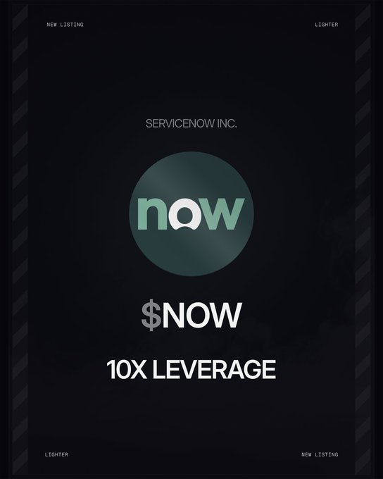 The image shows a black poster with white text that states "New RWA Perp Listing!". Below this information, there is a description of a trading platform called "ServiceNow Inc". The platform allows users to trade at least 10x leverage for their trades. This means that if someone wants to invest $100 in the service now and they trade it successfully, they can potentially gain ten times more than their original investment.