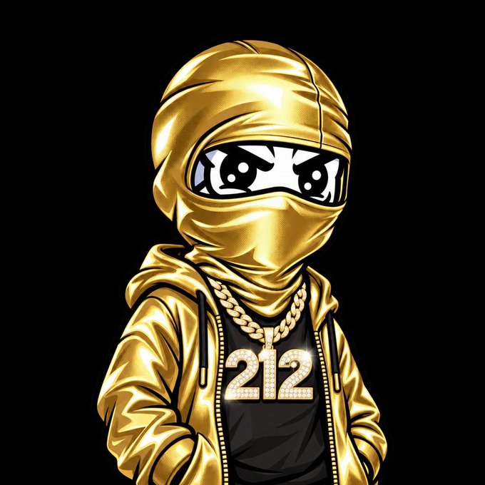 A cartoon character wearing a gold hood and jacket, with a black and white face mask, wears a chain with a diamond-encrusted "212" pendant against a black background.