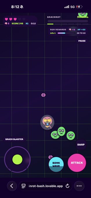 A mobile game screenshot showing a retro-style arcade game with green snake-like enemies, featuring UI elements like 'BRAZIN BLASTER', 'BOMB WAVE', and 'ATTACK' buttons.
