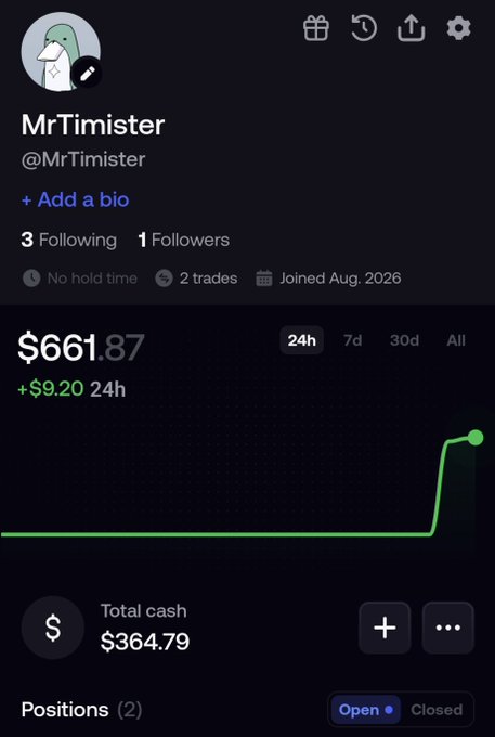 A profile page for MrTimister (@MrTimister) on what appears to be a trading platform, showing a portfolio value of $661.87 (+$9.20 in 24h) with total cash of $364.79 and 2 open positions.