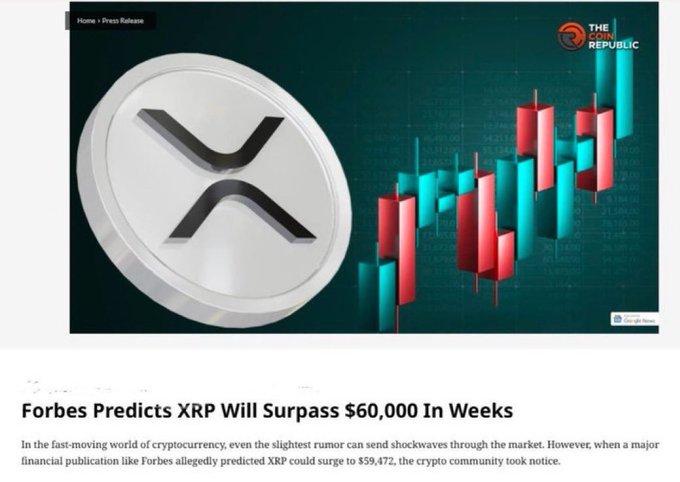The image shows a news article from The Coin Republic with the headline "Forbes Predicts XRP Will Surpass $60,000 In Weeks," featuring a silver XRP coin and red/green candlestick charts, which aligns with the post's claim about Forbes predicting XRP could surge past $60,000.