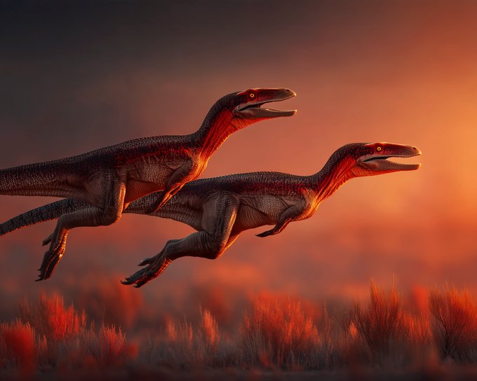 Two feathered dinosaurs with red markings on their necks leap through a hazy, orange-lit landscape with red grass.