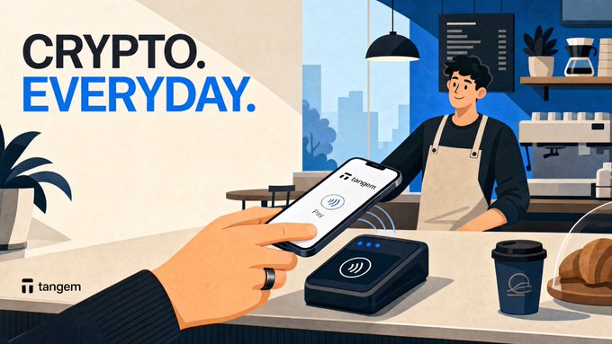 An illustrated advertisement features the text 'CRYPTO. EVERYDAY.' alongside the Tangem logo, depicting a customer using a smartphone to tap a payment terminal at a coffee shop.