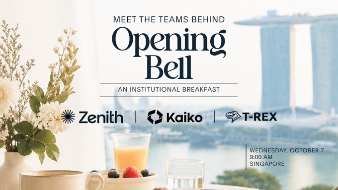 An event invitation titled 'MEET THE TEAMS BEHIND Opening Bell' co-hosted by Zenith, Kaiko, and T-REX, scheduled for 'WEDNESDAY, OCTOBER 7, 9:00 AM SINGAPORE', featuring a breakfast setting with a Marina Bay Sands backdrop.