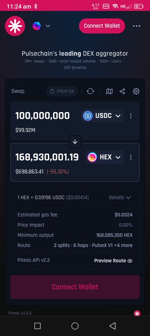 The screenshot shows a PulseChain DEX aggregator swap interface displaying a trade of 100,000,000 USDC for 168,930,001.19 HEX ($598,863.41), with the HEX price reflecting a -99.30% drop. This aligns with the post mocking HEX's massive decline on PulseChain, suggesting that despite the eye-popping token quantity, the value is minimal due to the near-total loss from its previous highs—reinforcing the satirical "10000x" and "5555" hashtags.