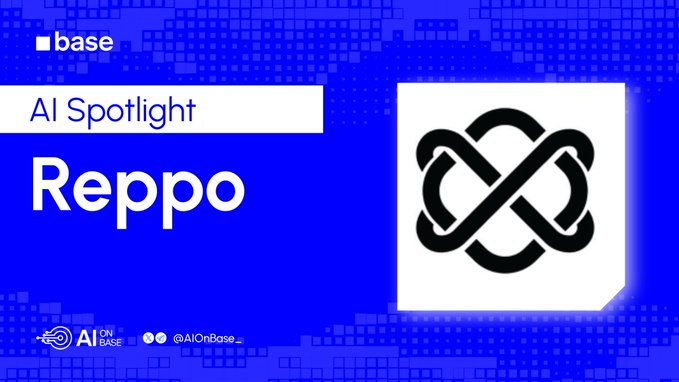 Base 'AI Spotlight' graphic featuring the Reppo logo with the handle @AIONBase_ on a blue pixelated background.