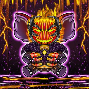 Digital illustration of a stylized, demon-like character with large ears, glowing red eyes, and purple and orange coloring against a fiery, cosmic background.