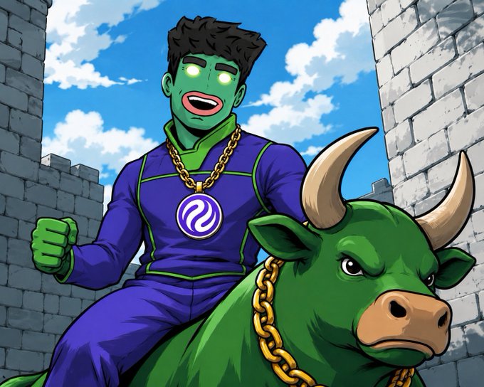 An anime-style illustration of a green-skinned superhero wearing a purple and green suit with a gold chain and a white swirl medallion, mounted on a green bull with a gold chain necklace against a castle backdrop.