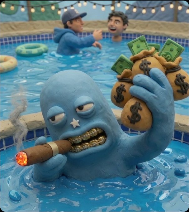 A claymation-style blue character in a pool smoking a cigar with gold grills, clutching money bags with dollar signs while two people chat in the background.