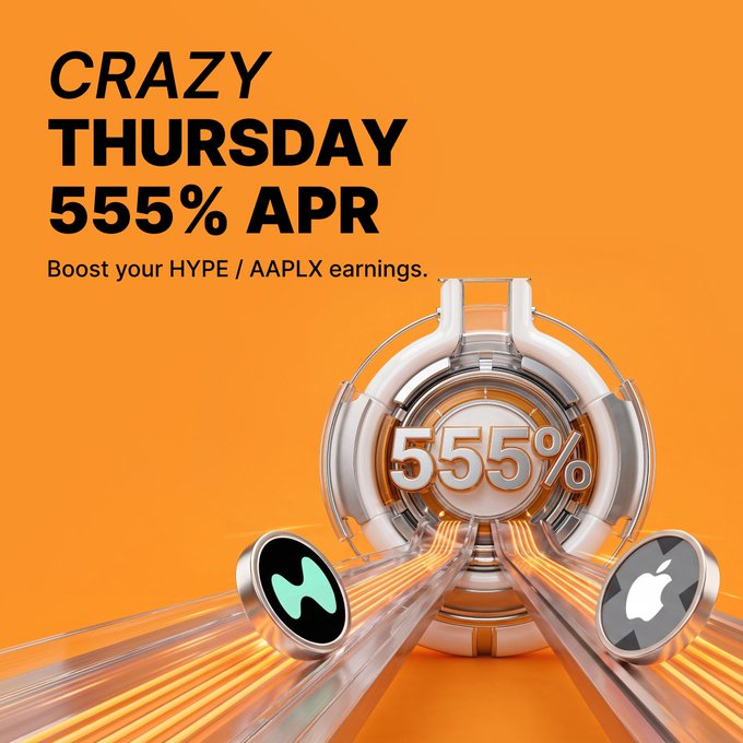 A vibrant orange promotional graphic advertising "Crazy Thursday 555% APR" to "Boost your HYPE / AAPLX earnings," featuring a futuristic 3D rendering of a mechanical portal marked "555%" with two lanes leading to the HYPE and Apple logos. The bold offer and dual-asset imagery visually reinforce the post's message of high-yield staking opportunities for both HYPE and AAPLX on Bybit.