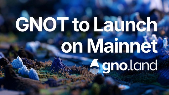 The image displays a stylized, pixelated landscape with the headline "GNOT to Launch on Mainnet" and the gno.land logo, announcing that GNOT tokens will be available natively on the Gno.land mainnet rather than as a wrapped token on another network.