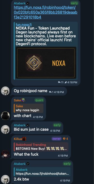 A Discord chat shows Ataberk sharing a NOXA launchpad link from fun.noxa.fi/robinhood, with members commenting "Og robinjpod name," "Bid sum just in case," and reacting to "$STONKS New Buy" with "What the fuck," culminating in Ataberk posting a 2.4k bid ("2.4k btw"). The screenshot illustrates the group's hands-on, quick-to-act trading approach on emerging token launches—aligning with the post's emphasis on troupe members actively buying into low market cap projects with conviction.