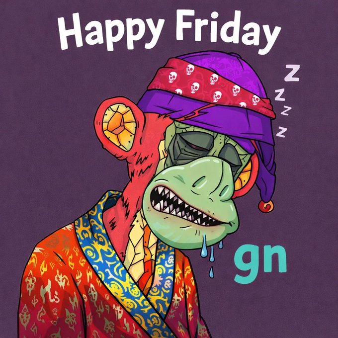 A cartoon character wearing a red monkey mask and a purple skull-patterned sleep cap is shown dozing off, with "Zzz" symbols indicating sleep. The text "Happy Friday" appears at the top and "gn" (good night) is written beside the character, reinforcing the sleepy, end-of-week vibe of the post.